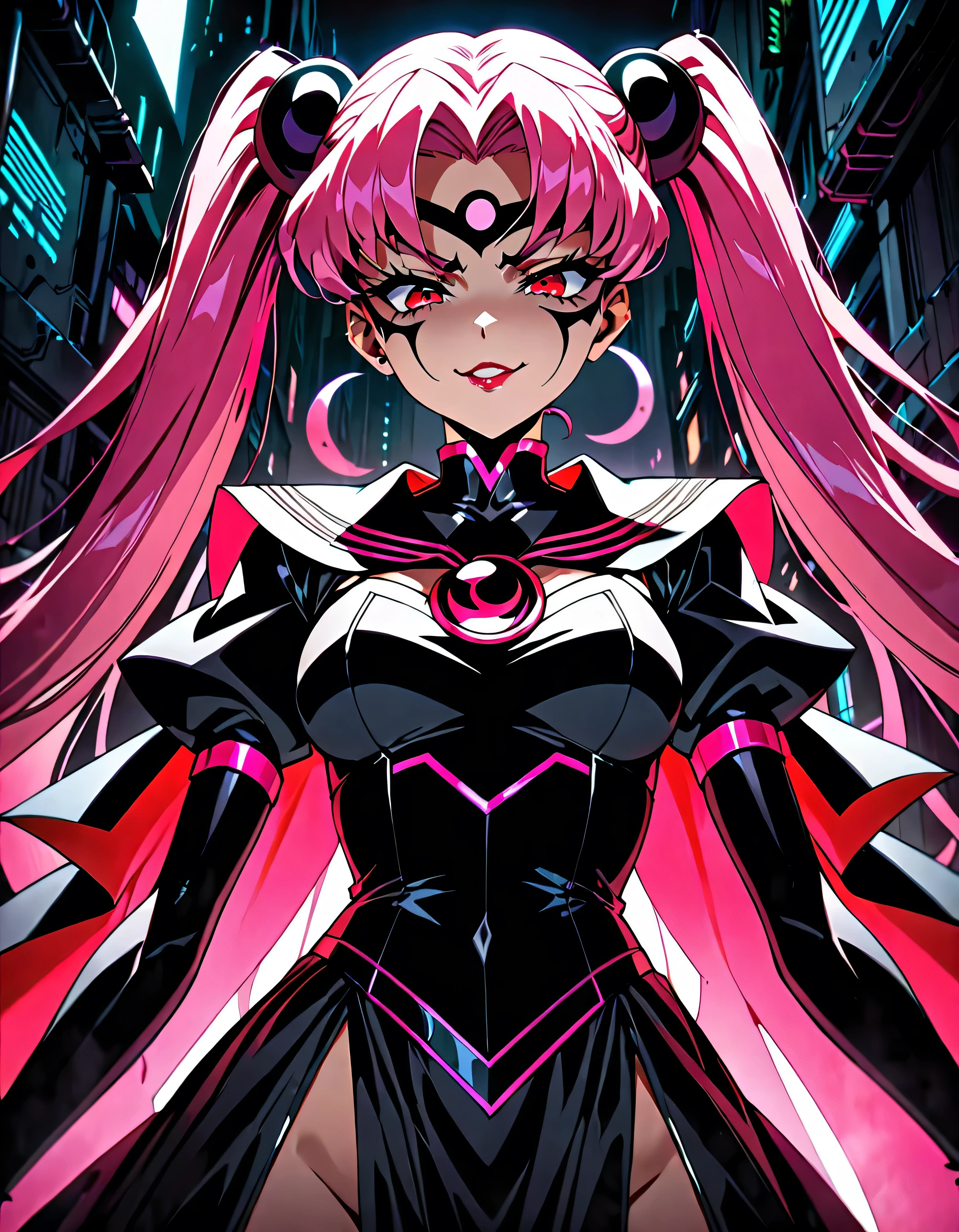  Sailor Moon Wicked Lady, Pink Hair, Red eyes, ,  Black Crescent Moon Mark on Forehead , very evil smirk,beautiful body,shaded face(eyes in evil shadow),((masterpiece,best quality)), absurdes,black dress,upper body,beautiful face,,looking down at viewer,twintail,,Sadistic ridicule,look down,looking down at viewer, ,,from below,close up,Dark Side、Alone.1girl、darkness,wander,cyberpunk,An overflowing background of evil and massive amounts of black ink,