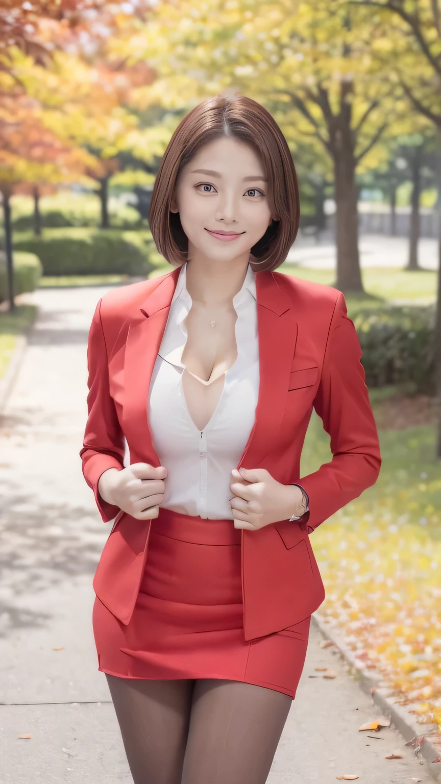 Best Quality 、8k、masterpiece、 super high definition 、Clear Photo、 Professional Lighting 、Natural Light、Realistic、 High Definition Skins 、 Perfect Anatomy、 one woman、Age 30、baby face:1.8、Big Breasts、blonde、 short bob hair、Beautiful Hair、smile、(Tight Suit、 Red Jacket、 black shirt、 cleavage、 black pencil skirt 、 pantyhose)、(( autumn park、 lots of fallen leaves ))、Standing pose、((( full body shot、 looking at camera)))