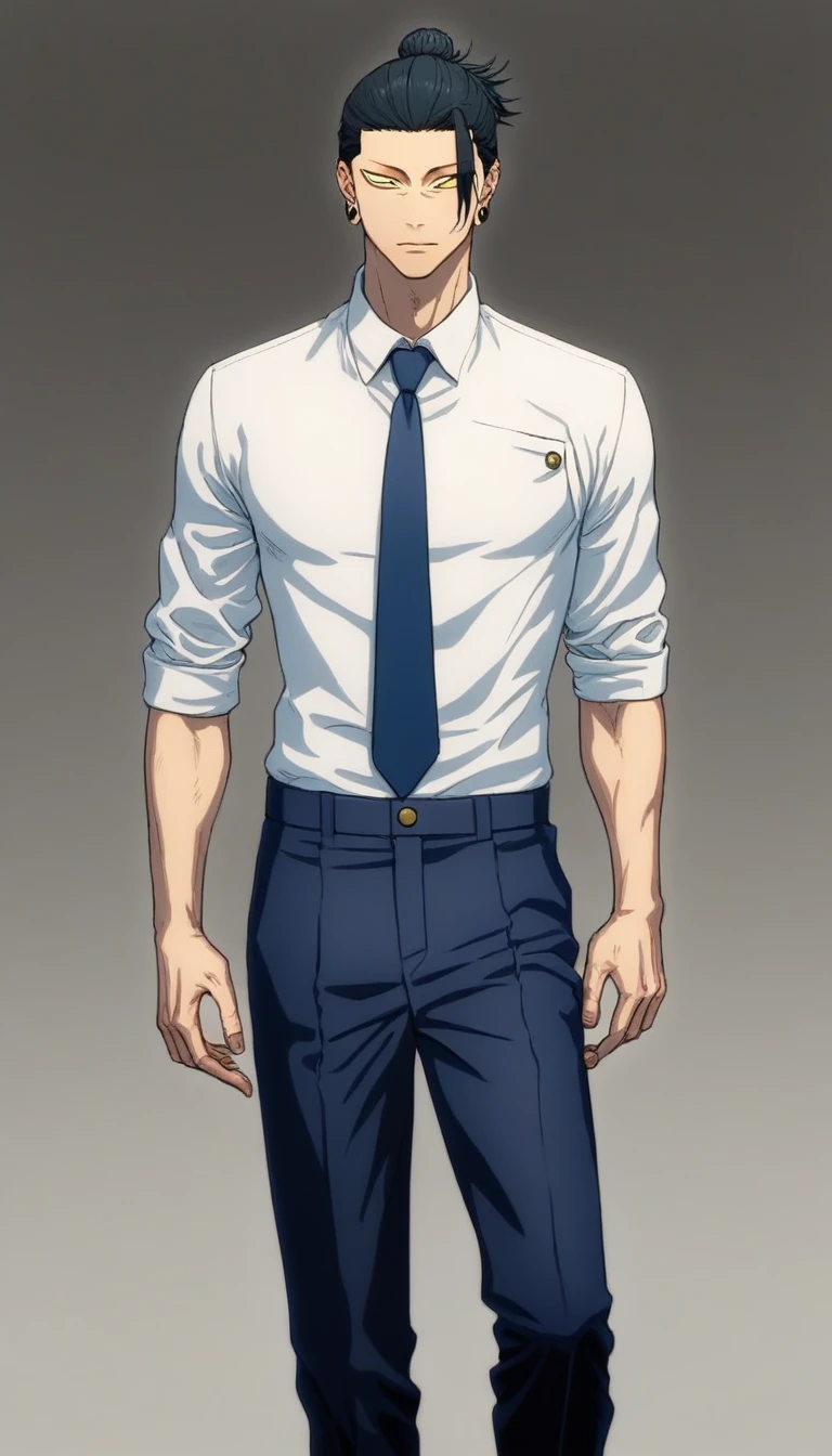 half-body, feet out the frame, standing, 1boy, Geto Suguru, solo, expressive golden eyes, black hair, single hair bun closed mouth, handsome, cool, toned body, lean, school uniform, white shirt with blue necktie, marine pants, ear piercing (detailed beautiful face and eyes), HDR, absurdres, highres, ultra detailed, Jujutsu Kaisen, simple background, (masterpiece, 8k, best quality:1.3)