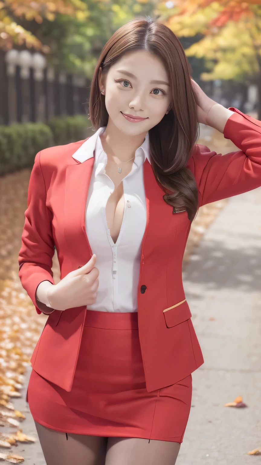 Best Quality 、8k、masterpiece、 super high definition 、Clear Photo、 Professional Lighting 、Natural Light、Realistic、 High Definition Skins 、 Perfect Anatomy、 one woman、Age 30、:1.8、Big Breasts、blonde、 short bob hair、Beautiful Hair、smile、(Tight Suit、 Red Jacket、 black shirt、 cleavage、 black pencil skirt 、 pantyhose)、(( autumn park、 lots of fallen leaves ))、Standing pose、((( full body shot、 looking at camera)))