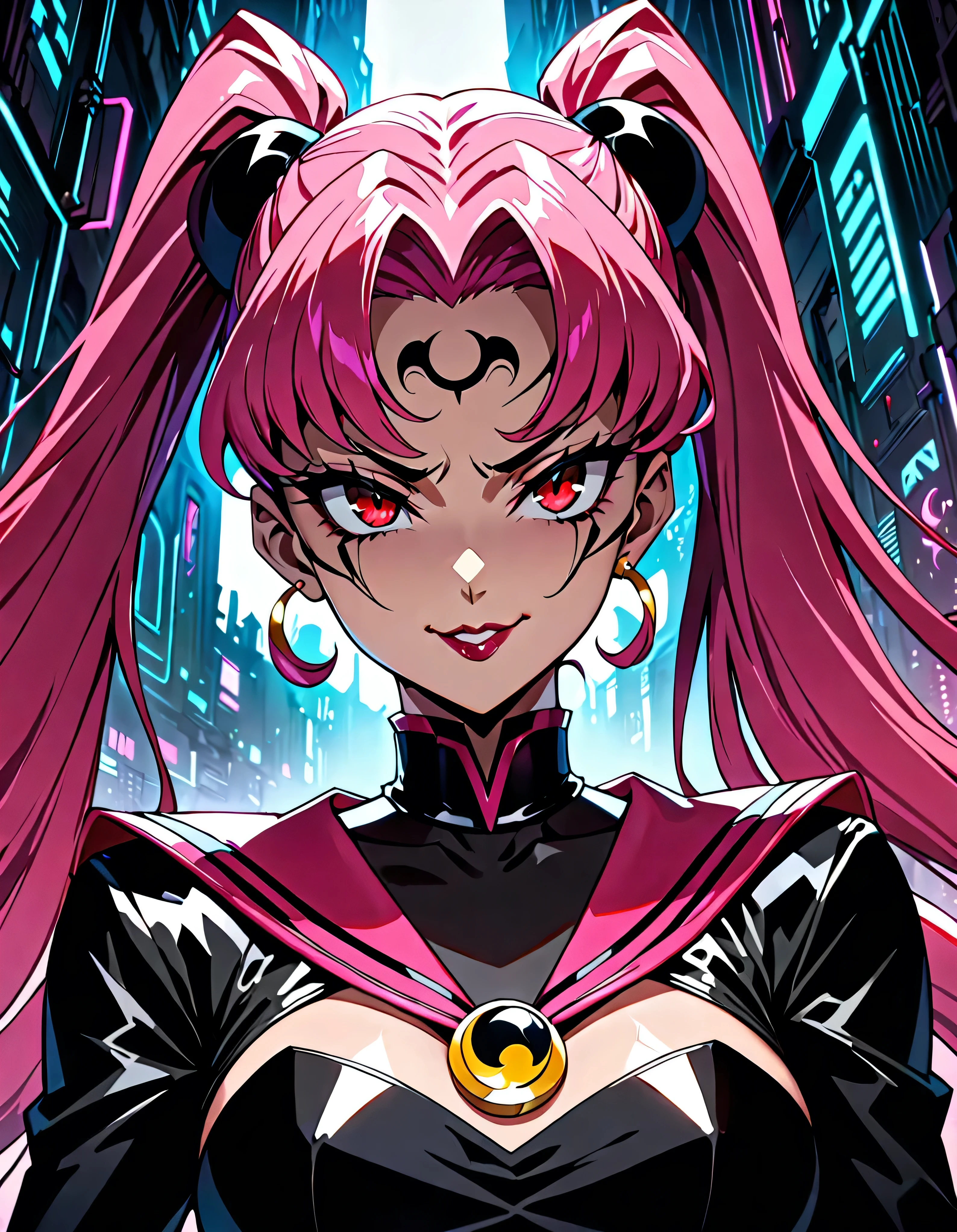  Sailor Moon Wicked Lady, Pink Hair, Red eyes, ,  Black Crescent Moon Mark on Forehead , very evil smirk,beautiful body,shaded face(eyes in evil shadow),((masterpiece,best quality)), absurdes,black dress,upper body,beautiful face,,looking down at viewer,twintail,,Sadistic ridicule,look down,looking down at viewer, ,,from below,close up,Dark Side、Alone.1girl、darkness,wander,cyberpunk,An overflowing background of evil and massive amounts of black ink,