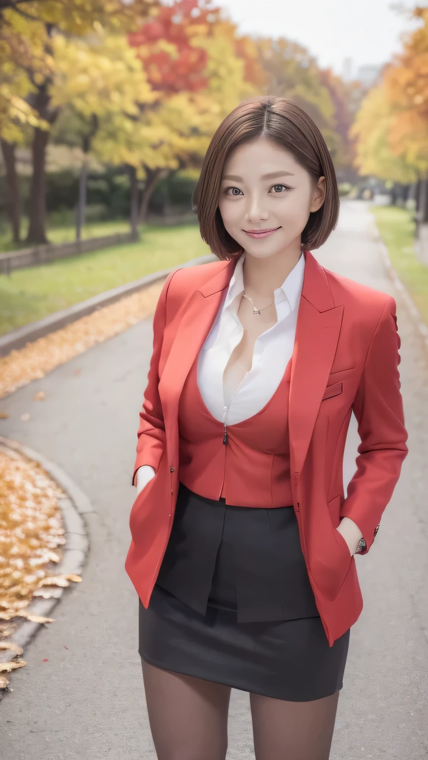 Best Quality 、8k、masterpiece、 super high definition 、Clear Photo、 Professional Lighting 、Natural Light、Realistic、 High Definition Skins 、 Perfect Anatomy、 one woman、Age 30、:1.8、Big Breasts、blonde、 short bob hair、Beautiful Hair、smile、(Tight Suit、 Red Jacket、 black shirt、 cleavage、 black pencil skirt 、 pantyhose)、(( autumn park、 lots of fallen leaves ))、Standing pose、((( full body shot、 looking at camera)))