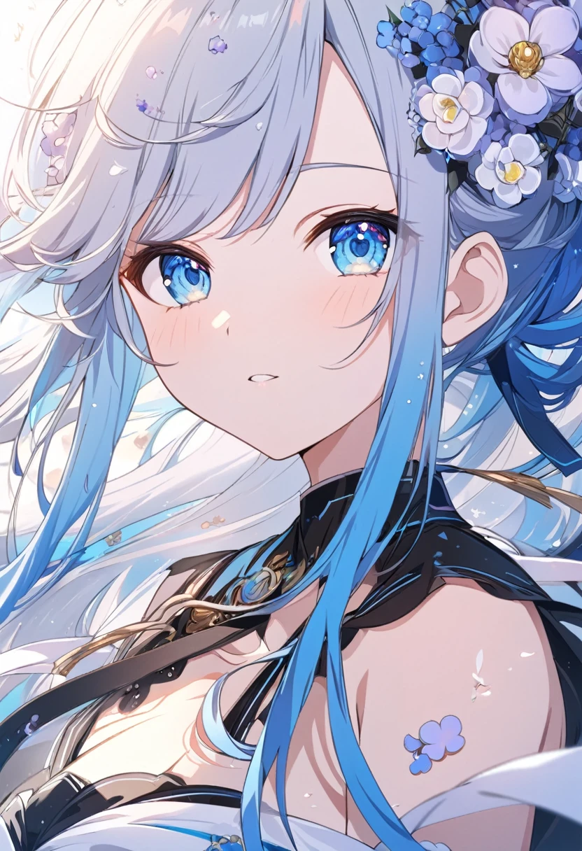 anime girl with blue eyes and flowers in her hair, detailed digital anime art, anime style 4k, Digital Art on Pixiv, Anime Art Wallpaper 4K, anime wallpaper art 4k , beautiful anime portrait, digital anime art,  detailed anime art  , [ 4k digital art ]!!, Anime Art Wallpaper 8k,  Glowing blue eyes