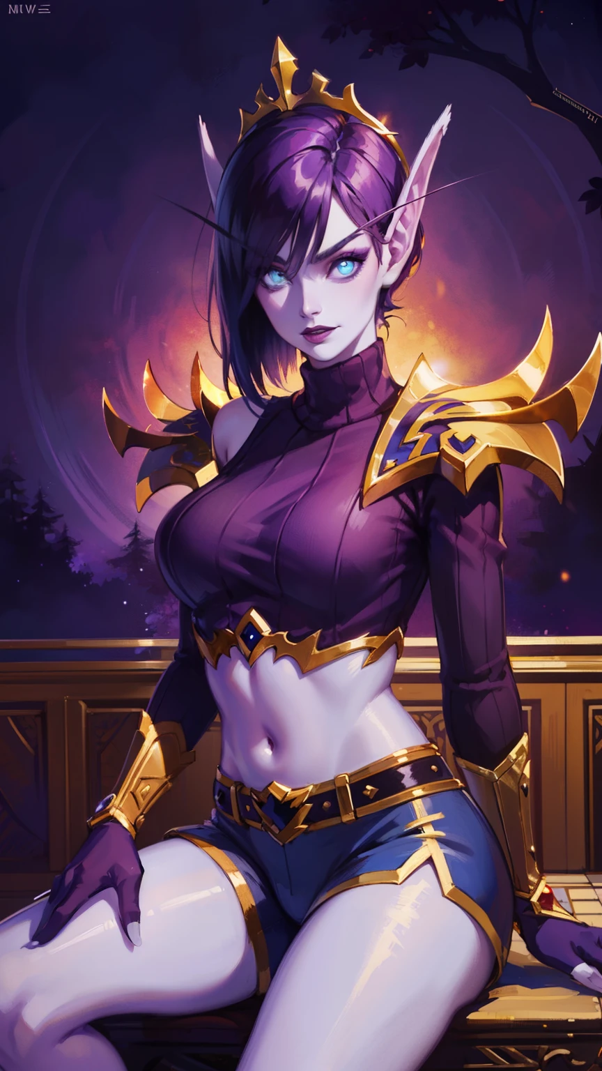 (8K, RAWphotograph, highest quality, masterpiece:1.2), High resolution, Super detailed, intricate details, disorganized, masterpiece, break , beautiful detailed woman, beautifully detailed mouth, highly detailed eyes and face, beautiful and fine eyes, 20 years old girl, (1girl, purple hair, short hair, spiral eyes, smirk, lustful eye, purple lip, licking lips, Tounge out) (digital) (sitting on chair) (looking at viewer), (Purple Forest background), (Gold tiara) (purple Puffy shorts) (Purple Puffy sweater)) , best quality, blue eyes, pointy ears, colored skin, blue skin, cover shoulder, sleeves, gloves, Purple clothes, semi crop top, gold trim, voidelf