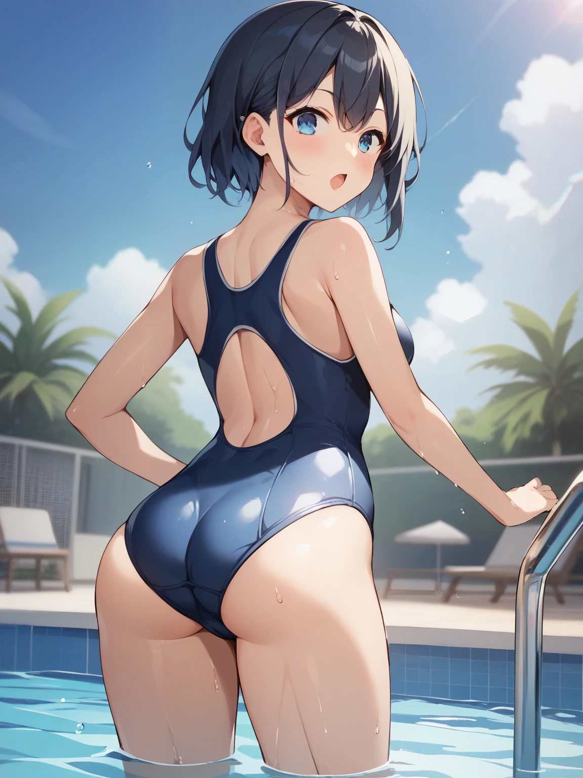 Score_9, Score_8_up, Score_7_up, Score_6_up, Anime BREAK，nSfw， BeSt Quality ，maSterpiece，(Detailed Biography  :1.2)， fiSheye lenS，  a very young girl ，S，Indoor swimming pool,noon,((( navy blue School SwimSuit))),、SurpriSed face,,((looked back))(Wet)Show me your ass,Small ASS，