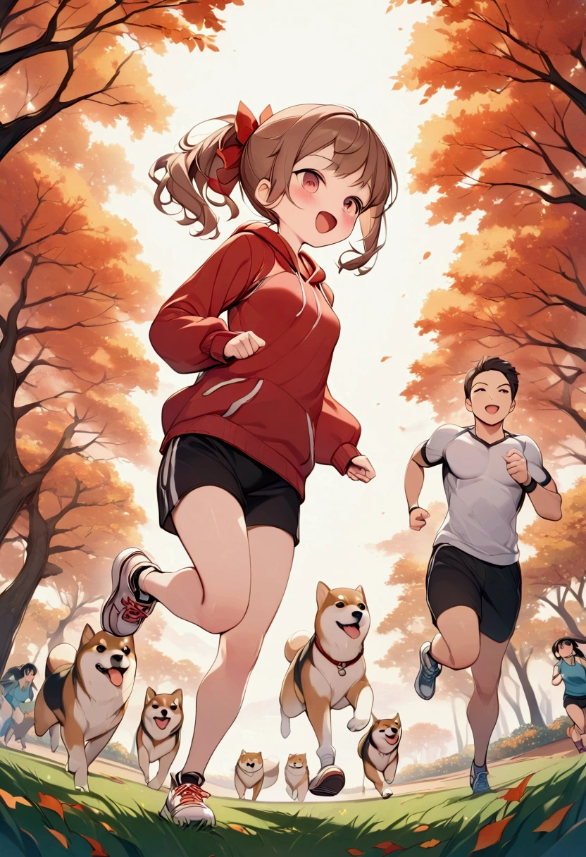 (masterpiece),(  Best Quality ),    cute,Brown Hair,     ponytail,（ small breasts）,   red ribbon,  Long sleeve hoodie,  workout clothes ,    sneakers,   open your mouth and laugh ,  running , Running with 1 Shiba Dog,   {  Oblique View from below   },   (Wavy Hair:0.8),{Asahi|  cowboy shot}, { autumn park| outdoor  }, {  morning glow}, {Sports| Shining Face  },   amazingly slim,  lawn,    detailed background ,  bright colors, （The charm of youth）