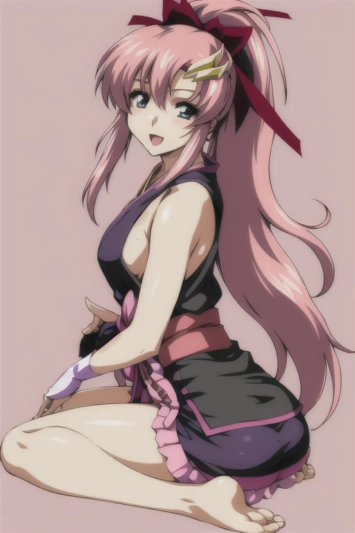 (masterpiece, best quality, detailed), 1girl, solo, looking at viewer, EPpkJessie, long hair, blue eyes, purple hair, hair slicked back, earrings, lipstick,
ninja, fishnets, arm guards, japanese clothes, thighhighs, fingerless gloves, sash, forehead protector, red scarf, outdoors, night, torii, shrine, east asian architecture, sitting, from side, parted lips