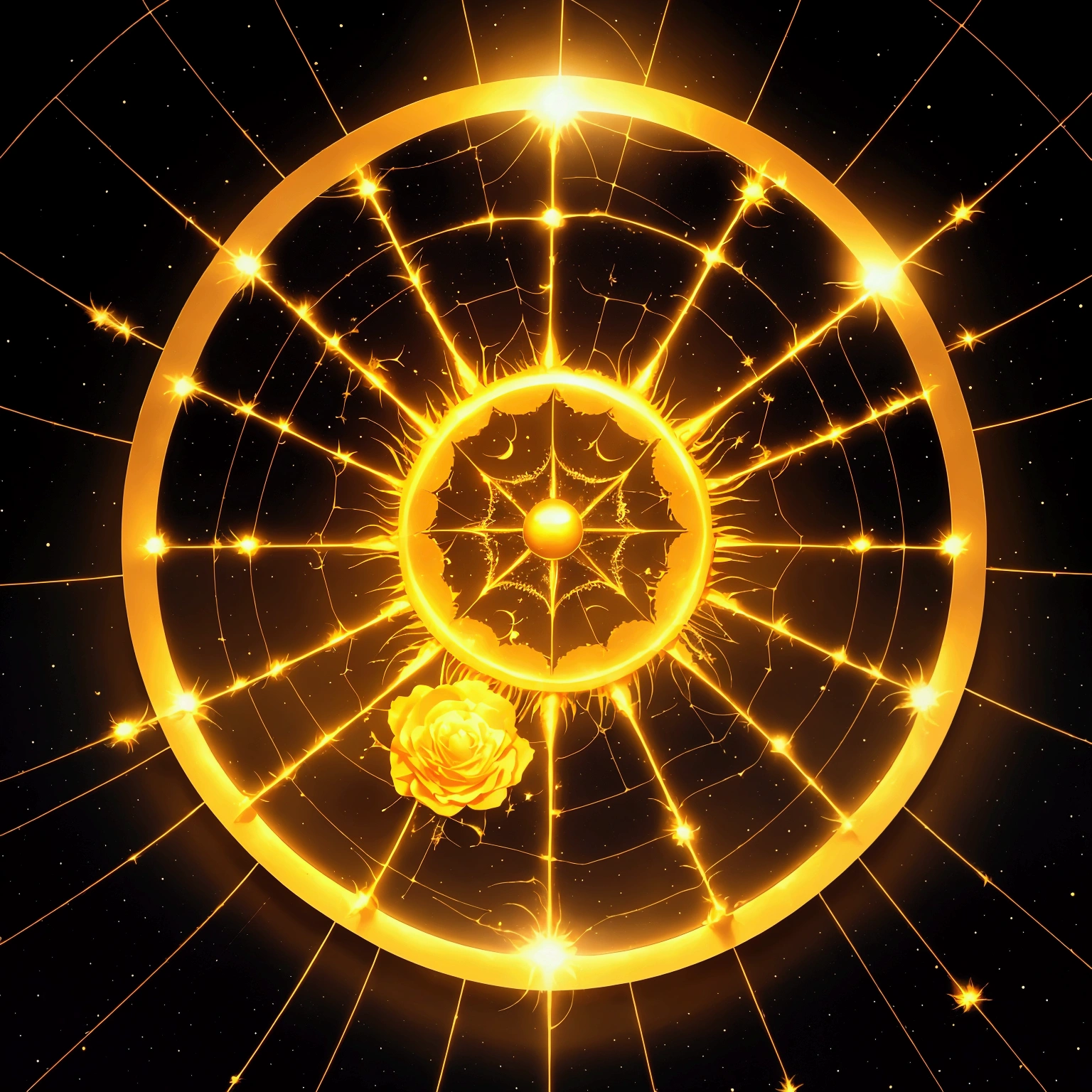 una telaraña dorada con golden roses, a background of a galaxy .  3d anime style  ((no character)) ((just a cobweb )) (( a shadow with a small and tender shape)) ((in a water mirror )) (( the sun between golden flames in the center of the cobweb)) ((golden roses))