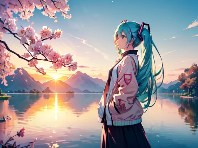 (masterpiece:1.2), (best quality:1.2), (digital illustration:1.2), intricate details, (1girl:1.3), (Hatsune Miku:1.4), (standing near the shore of West Lake Hangzhou:1.2), (looking out at sunrise reflection:1.2), (hands in pockets of light beige cotton jacket:1.1), (soft enchanted expression:1.2), (gentle golden light on her face:1.1), (sky with pink and orange dawn colors:1.2), (calm, mirror-like water with mountain reflections:1.1), (lotus flowers along lake shore:1.1), (willow trees swaying in background:1.1), (serene morning atmosphere:1.1), anime style, vibrant colors, depth of field, sharp detail, solo focus