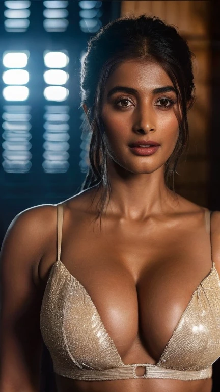  Lookimg at viewer,sex tape, showing navel, photo of  ( Pooja Hegde ) in Hellblade: Senua's Seductress, indoor, long free hair, sexy expression, dirty face, finely detailed eyes, moody, micro bikini epic scene, realistic lighting, extremely detailed volumetric rays  . 35mm photograph, film, bokeh, professional, highly detailed,( showing her cleavage and navel)