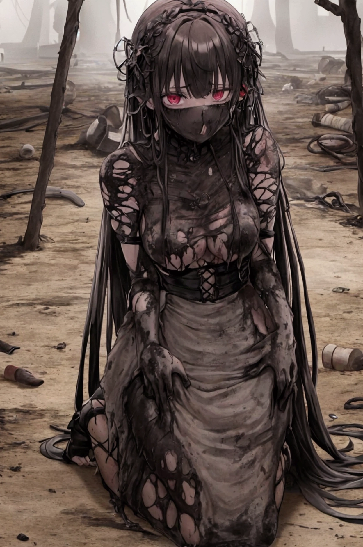 masterpiece, (((goblinriding, a goblin is riding a girl))), goblin, multiple goblins, goblin gangbang, goblins, (((all fours))), 1girl, (kimono:1.1), (nose hook), reins, collar, chain, rope, obey, happy trance, smile, proud face, happy face, hair ornaments, large breast, expressionless, emotionless, blank eyes, empty eyes, mind control, cave background, MIYO, hair ornament, mole, mole under eye, black hair, long hair, purple eyes, hair over shoulder, (((torn clothes))), _VERY LONG BLACK HAIR WITH PURPLE REFLECTIONS_SQUARE BANGS_PALE PINK EYES_, MIYOSAIMORI, BANGS, BRAID, FLOWER, HAIR FLOWER, battle, crowd, blood splatter, fleeing, grabbing, running, foreshortening, attack, fighting, monster, glowing eyes, horror, (((eating shit, eating poop, eating dogfood))), TOP-DOWN BOTTOM-UP