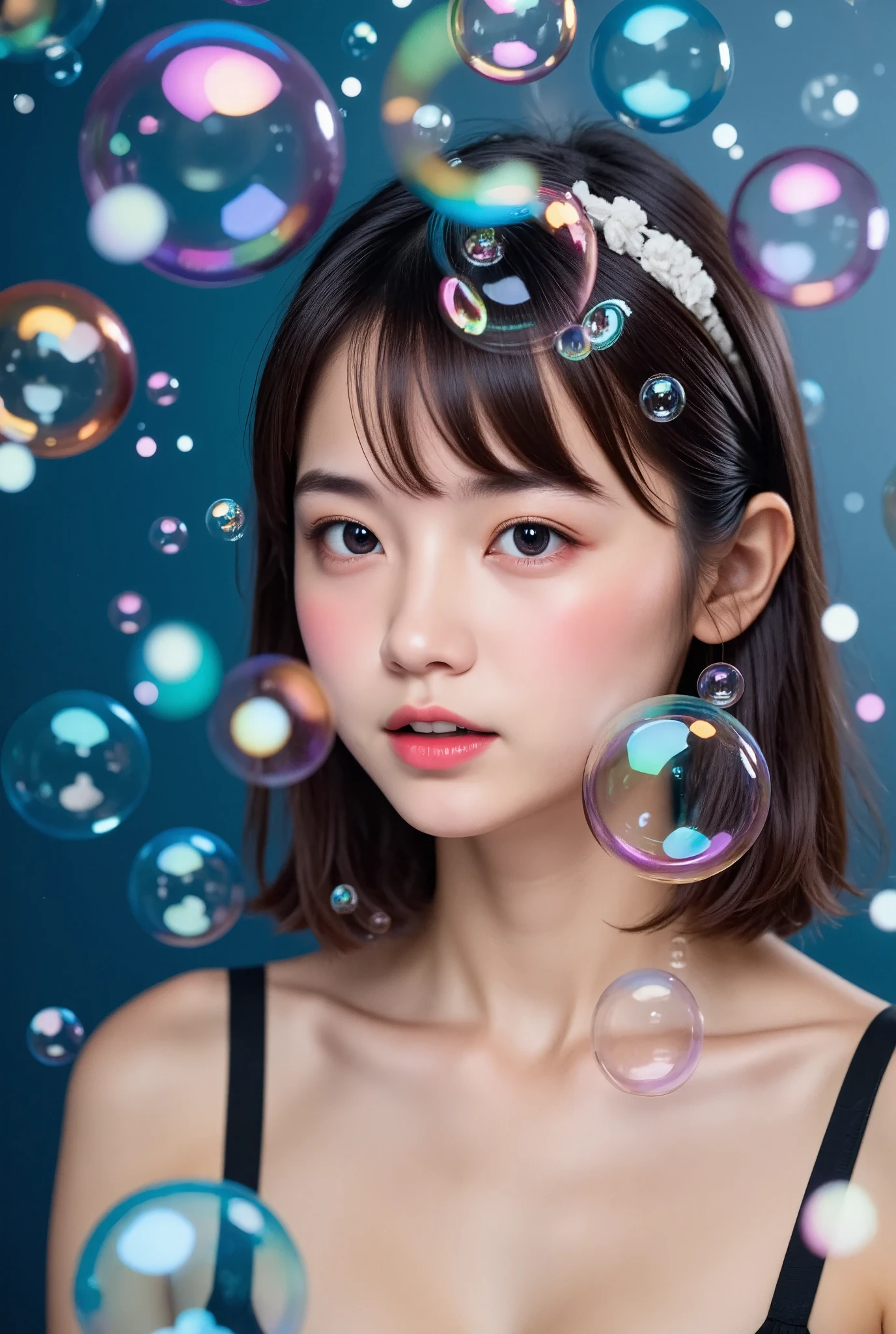 RAW photos from the last century、Realistic、超Realisticな、Woman covered in bubbles、 very cute、 ager、Seven-colored bubbles、 colorful 、indigo hair 、 embarrassed expression 、(((Red cheeks and nose:0.2)))、Bubbles Background