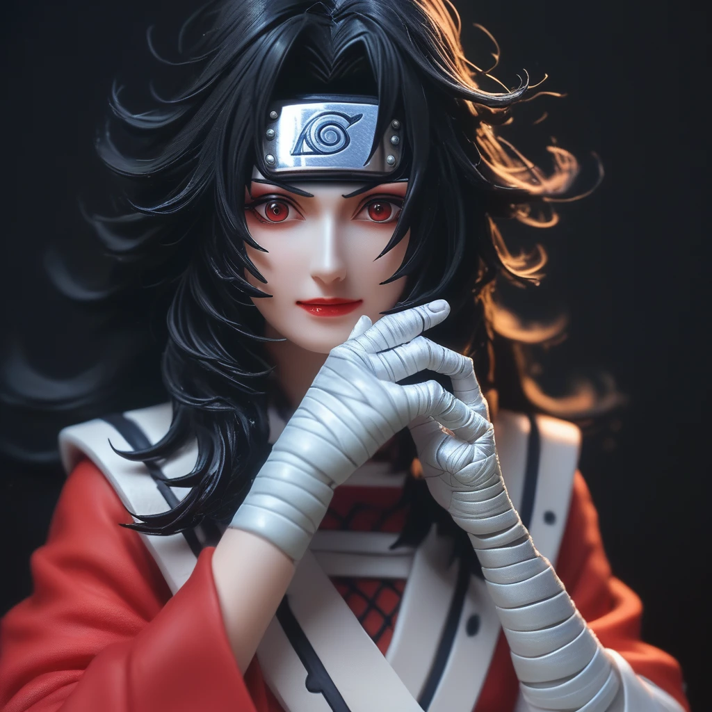 （（（perfect figure，figure，forehead protector，bandaged hand， konohagakure symbol，fishnets，Red single sleeve，White striped clothes，（（（Kurenai Yuhi, black hair, red eyes,  long hair,makeup，red eyes，lipstick，）））型figure:1.7））），((masterpiece)),high resolution, ((Best quality at best))，masterpiece，quality，Best quality，（（（ Exquisite facial features，looking at the audience,There is light in the eyes，Happy，***********nterlacing of light and shadow，huge ））），（（（looking into camera，black background）））