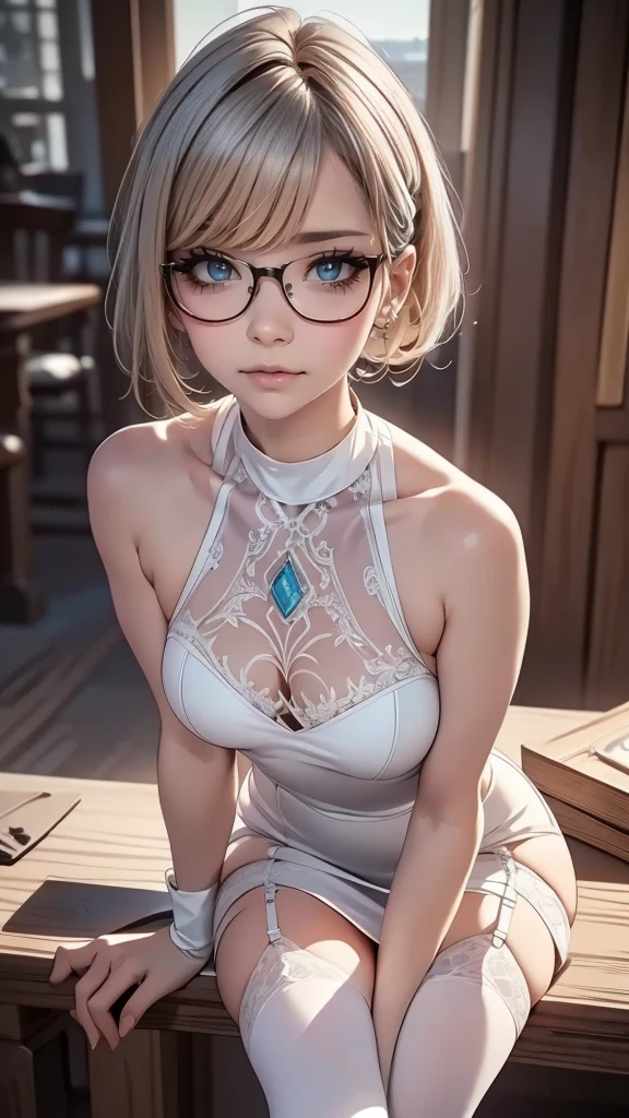 Tabletop, highest quality, night, Outdoor, 1 female, gray blue eyes, Light pink lips, cold, strict, Sky blue, Small chest, Cheeks are thin, Attractive face、 Realistic body pores,  (blue eyes: 0.8), Beautiful adult face, 40 Private, Soft Volume Light, (Backlight: 1.3), (cinematic: 1.3), Intricate details, (Art Station: 1.3), grayish hair、Pixie short、amount、Fake Glasses、short、small、 thin, cumin ,Straight hair, Glasses , Turtleneck dress、skin、stiletto sandals、Beautiful legs、 garter belt 