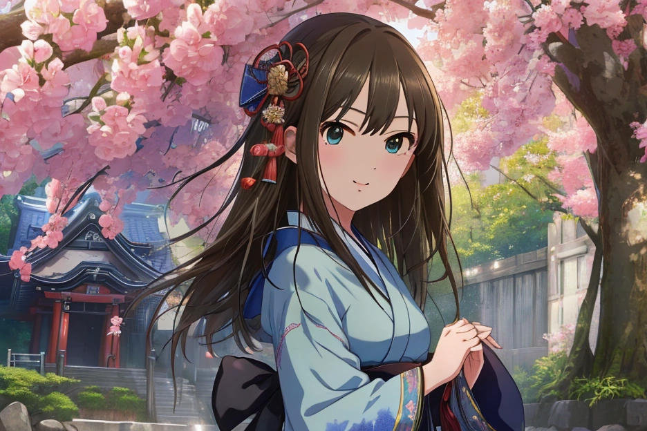 masterpiece、Best Quality、 details、 high resolution on down、 go to a shrine for the first time in a very delicate and beautiful 、solo、One Japanese person、((Shibuya Rin))、kimono、smile、Model pose、shrine、 cowboy shot、 PORTRAIT