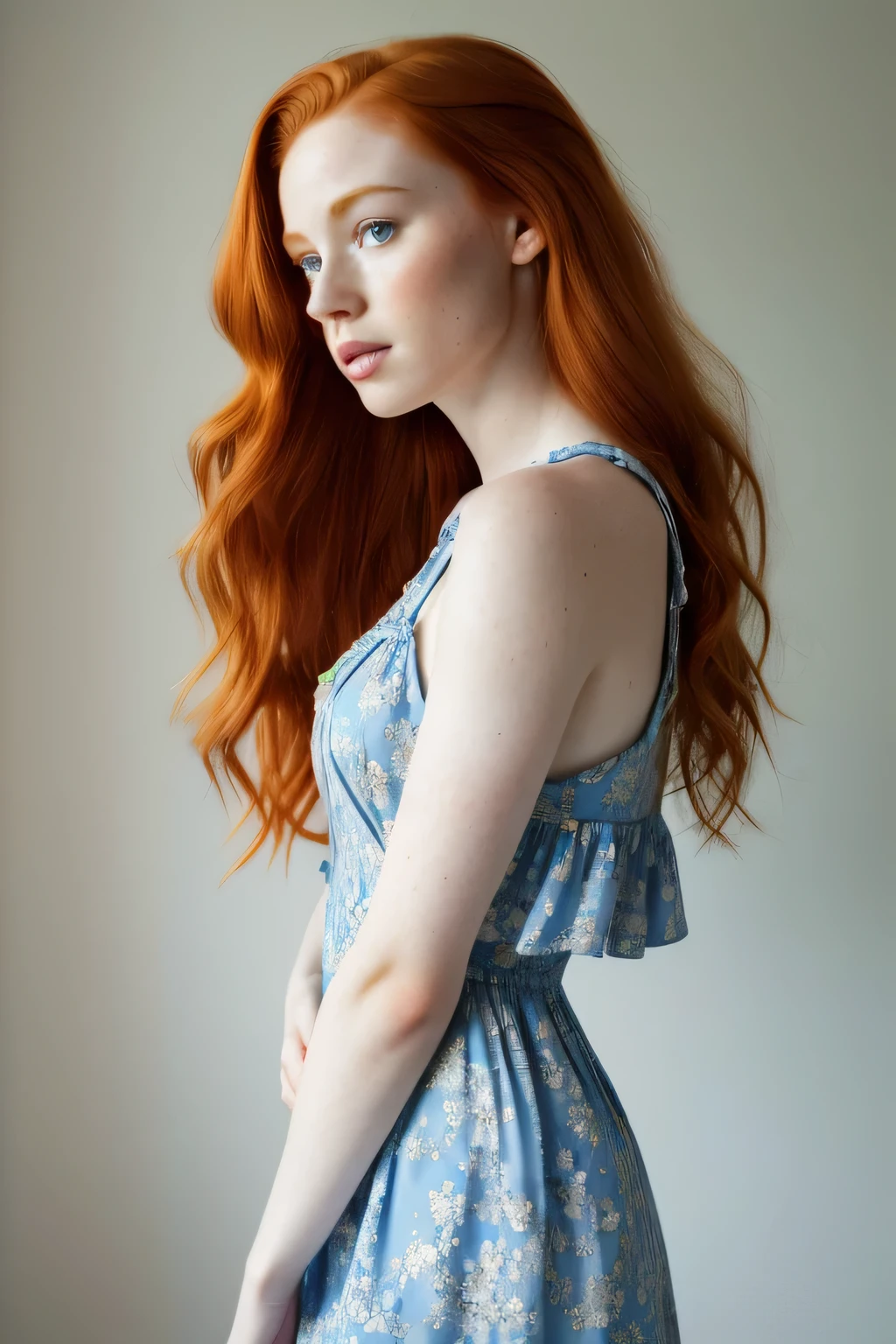 1girl in, age21, Madelaine Petsch, photo of perfect woman, 5'3", Solo, Aesthetic artwork, (irish  redhead, wavy ginger hair, shoulder length ginger hair:1.25), (some small freckles, pale skin, small breasts, B-cup, runners body, very thin waist, skinny, petite, detailed skin texture), (blank background, plain background, blank wall, (wearing an blue colored sundress. A blue dress, floral pattern fited top, side profile, side view), (extremely detailed 8k wallpaper), soft lighting, high quality, film grain, Fujifilm XT3 sharp focus, f 5.6, 50mm, High Detail, Sharp focus,(natural light), crazy details, complex details, hyper detailed