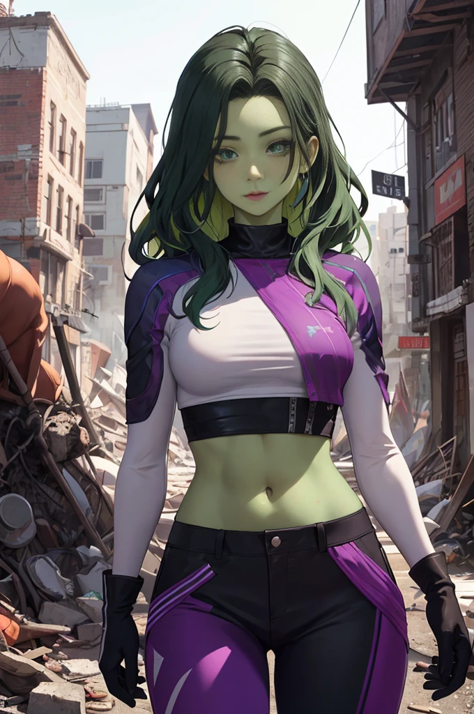 ( high quality, masterpiece, detailed), Destroyed city detailed scenario, Destroyed detailed background, 20 year old girl, , Alone, green skin, dark green hair, colorful skin, purple/white top, Multicolored top  , leather top, purple/white pants,  multicolored pants , leather pants, crop top, purple/white sleeves, long sleeves,  multicolored sleeves , purple/white gloves,  multicolored gloves , navel, nervous,  beautiful eyes,  perfect eyes,  looking at the viewer, pose sexy