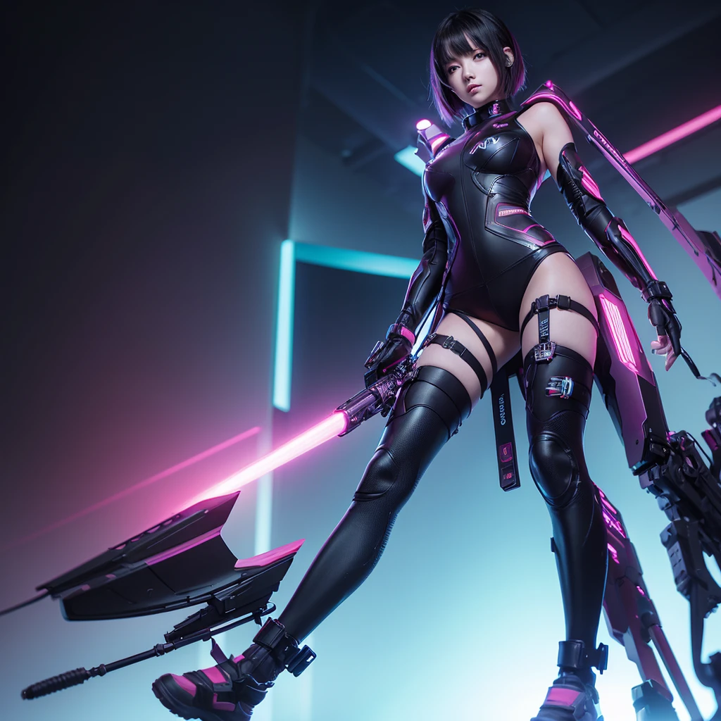 best quality, 8k, highly detailed face and skin texture, high resolution, sexy short hair japanes girl in futuristic suit in future city at night, with neon light, full body, sharp focus