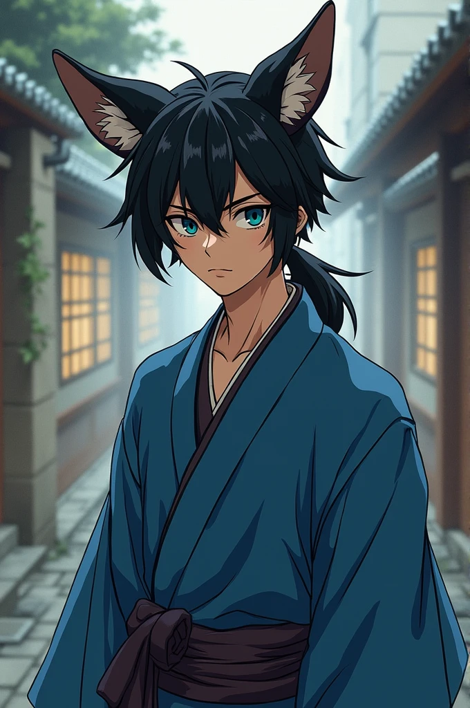 1boy, boy, , 3 years old, anime, alone, black hair, messy hair, tied-up pony hair, azure eyes, wolf ears and tail, japanese clothes, forehead bang hair