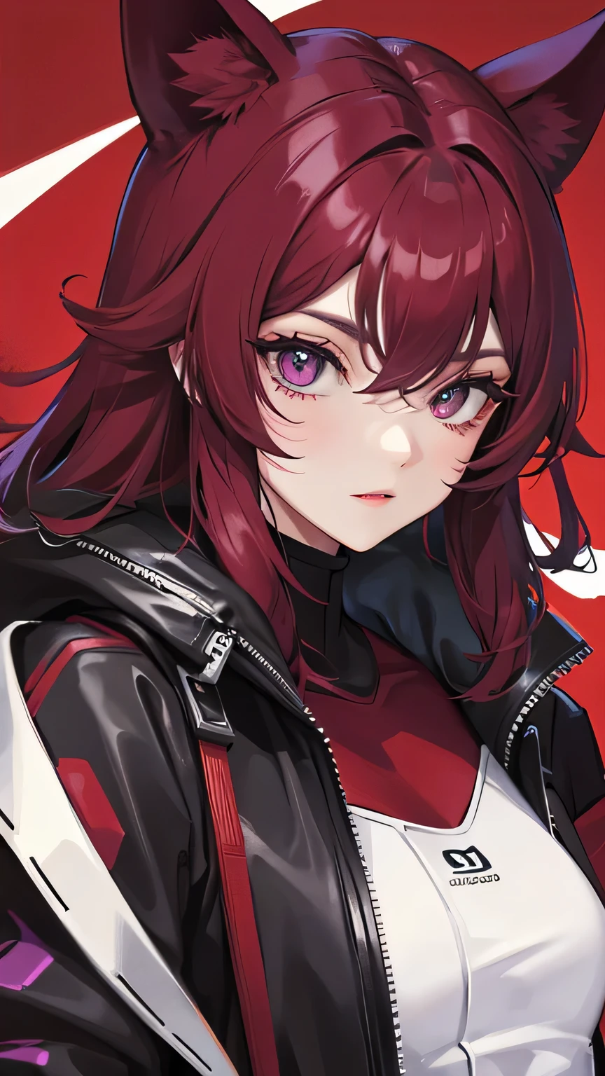 red as main colour, sticking her tongue out playfully, mischievous expression, black jacket, detailed facial features, high quality, photorealistic, vibrant colors, dynamic lighting, intricate details, masterpiece, 8k transparent background