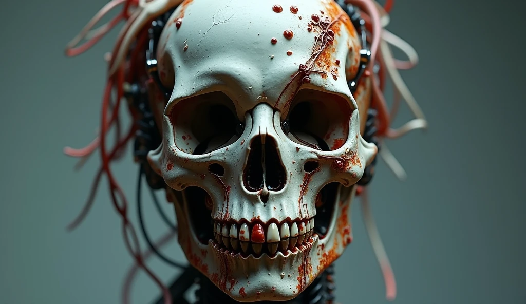 8K, (masterpiece*high detailed*highres), (portrait shot), sharp focus, soft lighting, ((mechanical skull with bio with skin scraps)), ((flash and white colors)), gradiant bacground, ((close-up face)), ((centered)),