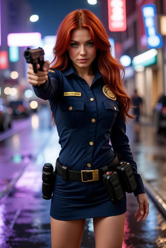 This is a highly detailed, hyper-realistic photograph featuring a redhead woman named vanessa in a police uniform, standing on a wet street at night. The woman, with long, wavy hair and striking blue eyes, is holding a black handgun pointed directly at the camera. She has a confident, intense expression on her face, emphasizing her strong, feminine features. Her uniform is a deep navy blue, with gold buttons, a badge, and a yellow patch on her left chest that reads "POLICEWOMAN" The uniform is form-fitting, accentuating her curvy figure and medium-sized breasts. She wears a black utility belt with various police equipment, including a flashlight, handcuffs, and a radio, suggesting she is on duty. She wears a short skirt showing her legs.

The background is a blurred, urban scene with neon lights reflecting off the wet pavement, creating a vibrant, almost dream-like atmosphere. The street is slick with rain, adding a glossy texture to the scene. The photograph captures the moment with a shallow depth of field, keeping the woman in sharp focus while the background is blurred, drawing attention to her. The overall mood is intense and dramatic, with a focus on the woman's authority and readiness to act.