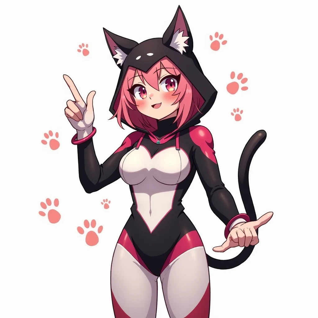 masterpiece, best_quality, 1girl, solo, anthro, blue eyes, leotard, brown body, brown fur, female, female anthro, fur, hair, neckerchief, paws, pink hair, stripes, tail, thick thighs, felid, felyne, lynian, mammal, tsukino \(monster hunter stories\), capcom, monster hunter, monster hunter stories, monster hunter stories 2 wings of ruin, skulkers,