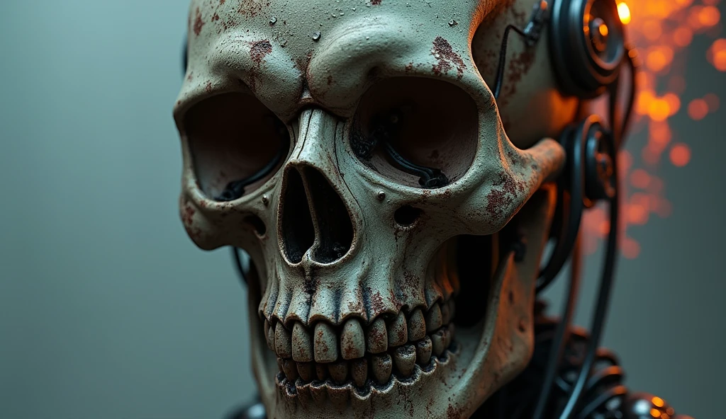8K, (masterpiece*high detailed*highres), (portrait shot), sharp focus, soft lighting, ((mechanical skull with Biomechanic with skin scraps and rust)), ((flash and white colors)), gradiant bacground, ((close-up face)), ((centered)),