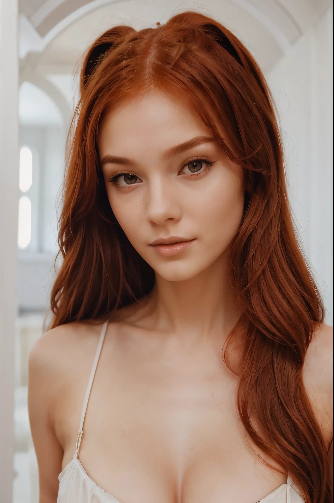  A stunning 20-year-old woman with long wavy red hair ,  gathered in a high ponytail ,  and seductive facial expression . she&#39;s worth it, Spreading legs shoulder-width apart,  with her hands confidently placed on her large third-size chest , which  (tight leopard print top).  She is wearing the same leopard thong panties ,  emphasizing her toned athletic figure .  emphasizes The scene is a luxurious ,  A brightly lit mansion with white walls ,  creating a striking contrast with her bold in a brutal and brutal outfit .  Ultra-high quality , 4K,  with crisp details and a rich RAW texture for a high-quality portrait.
