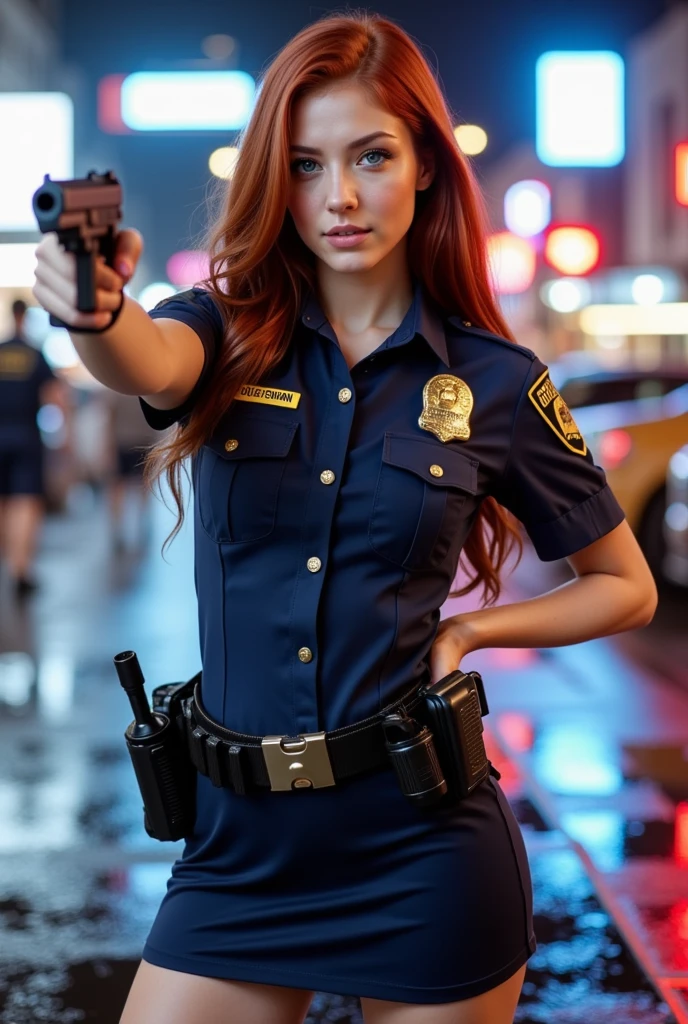 This is a highly detailed, hyper-realistic photograph featuring a redhead woman named vanessa in a police uniform, standing on a wet street at night. The woman, with long, wavy hair and striking blue eyes, is holding a black handgun pointed directly at the camera. She has a confident, intense expression on her face, emphasizing her strong, feminine features. Her uniform is a deep navy blue, with gold buttons, a badge, and a yellow patch on her left chest that reads "POLICEWOMAN" The uniform is form-fitting, accentuating her curvy figure and medium-sized breasts. She wears a black utility belt with various police equipment, including a flashlight, handcuffs, and a radio, suggesting she is on duty. She wears a short skirt showing her legs.

The background is a blurred, urban scene with neon lights reflecting off the wet pavement, creating a vibrant, almost dream-like atmosphere. The street is slick with rain, adding a glossy texture to the scene. The photograph captures the moment with a shallow depth of field, keeping the woman in sharp focus while the background is blurred, drawing attention to her. The overall mood is intense and dramatic, with a focus on the woman's authority and readiness to act.