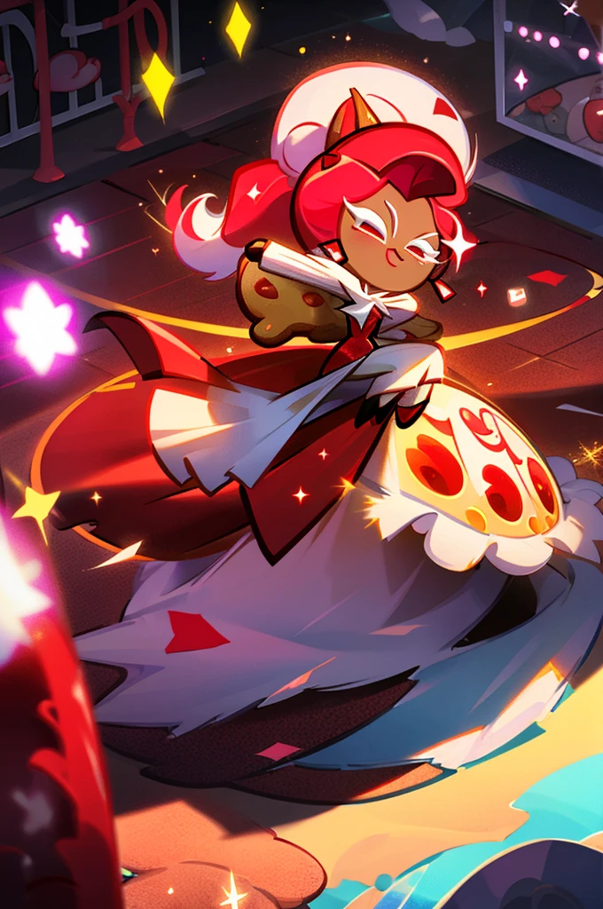 Cookie run character based off Jessica rabbit, white skin, long hair, red gown, cookie run, surrounded by flashing cameras, on a red carpet, glitter, hair in a high ponytail, sexy, Jessica rabbit, cookie run 