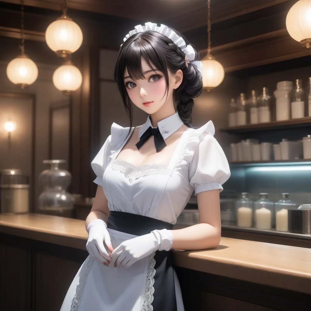 (hotel bar counter,female bartender,(Shake a cocktail using a shaker)),white blouse,(ebony skin:1.5),(Thin type:1.8),(big breasts),(random hairstyle),(Highest image quality,(8k),ultra-realistic,best quality, high quality, high definition, high quality texture,high detail,beautiful detailed,fine detailed,extremely detailed cg,detailed texture,a realistic representation of the face,masterpiece,Sense of presence)