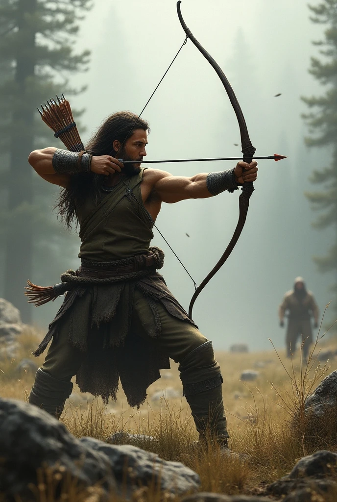 A hunter with a bow and arrow running through the forest