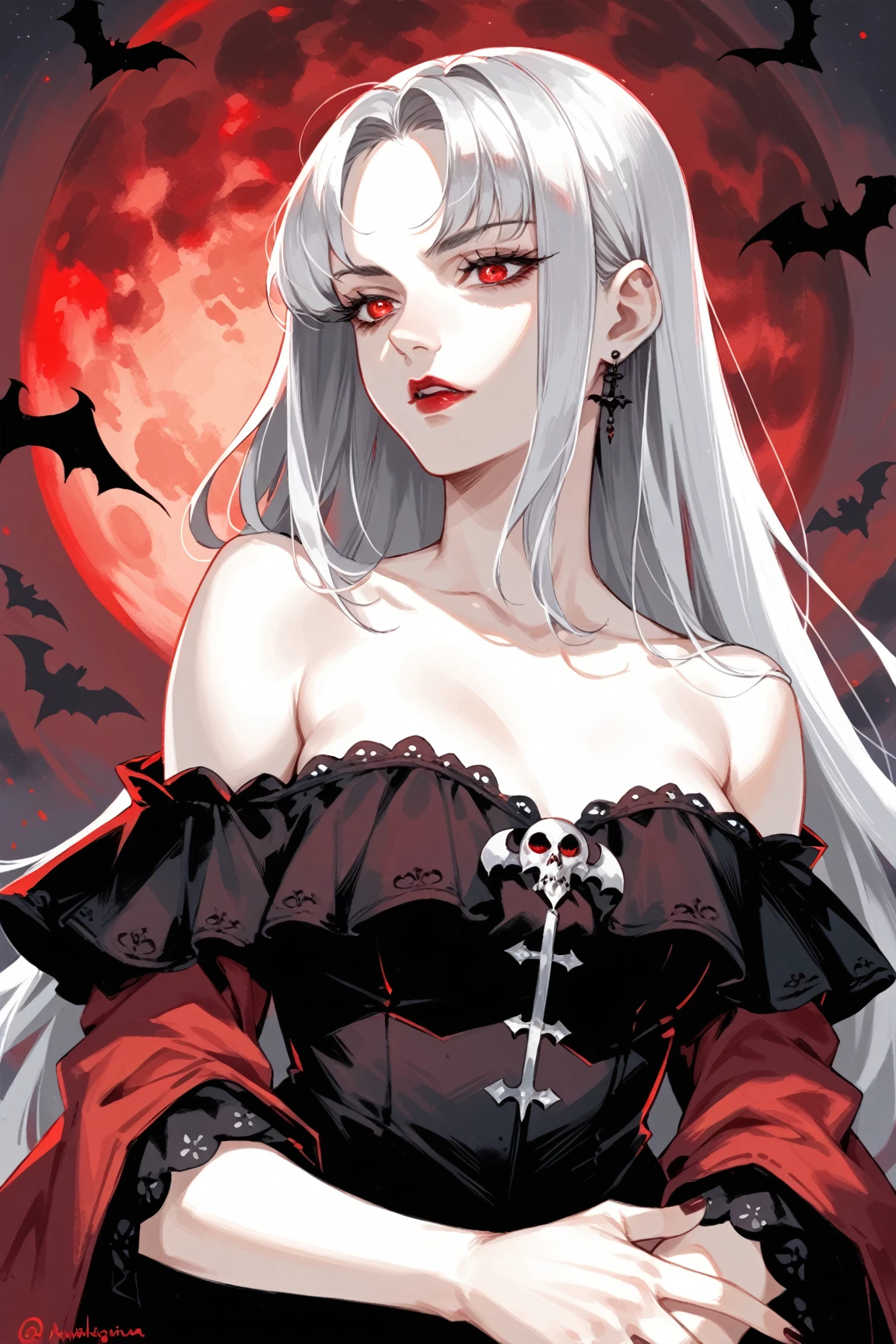 Vampire lady, pale skin, gothic dress, off the shoulder, red eyes, black eyelashes, long straight silver hair, nightsky, moonlight, blood moon, red light, upper body view