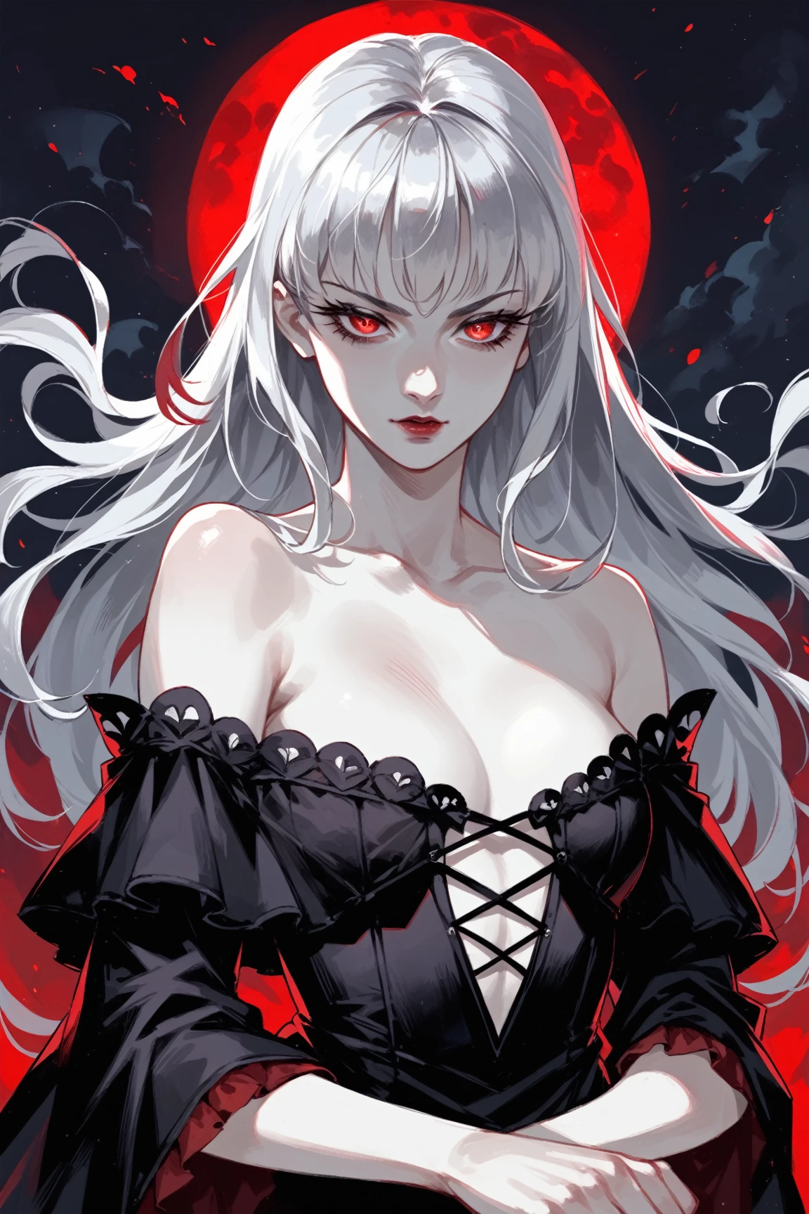 Vampire lady, pale skin, gothic dress, off the shoulder, red eyes, black eyelashes, long straight silver hair, nightsky, moonlight, blood moon, red light, upper body view