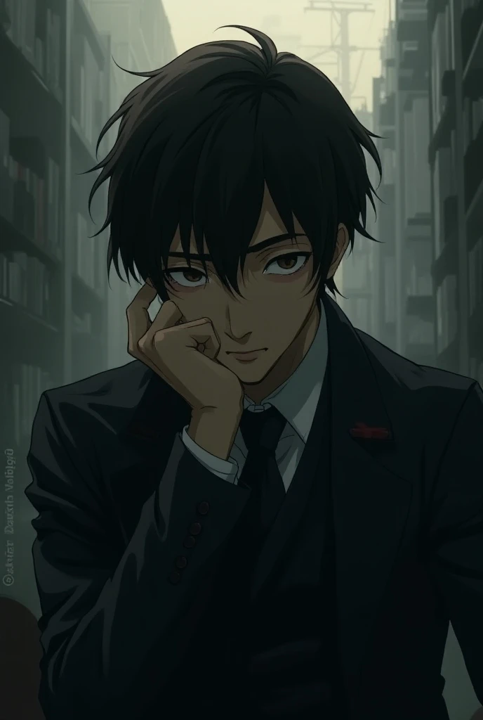 Constantine, man sitting on the floor, smoking a cigarette, dressed in a suit, black tie, broken glass on the floor, leaning against a wall, dark and gloomy scene