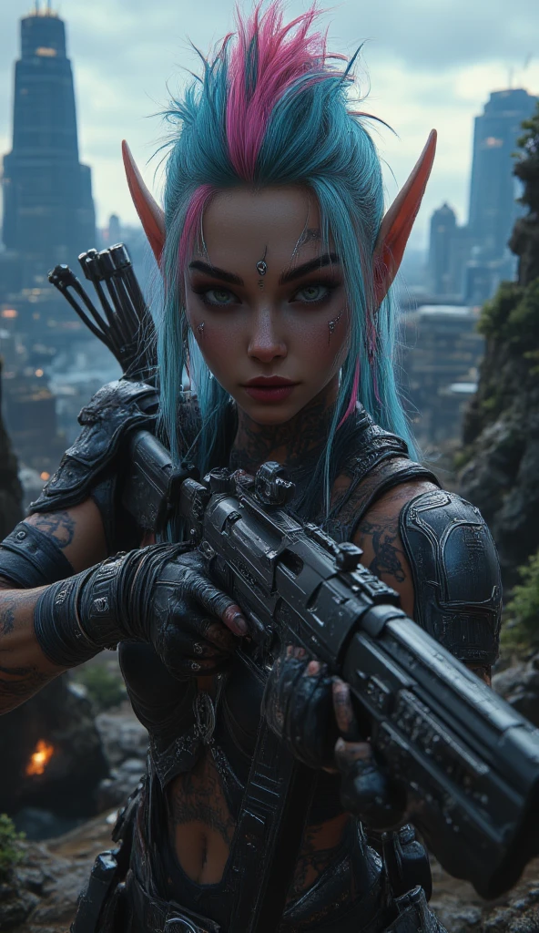 full body shot, wide angle,  a cyberpunk fantasy elf girl, beautiful detailed eyes,beautiful detailed lips and face, full body shot, colorful punk hairstyle (mohawk hairstyle), elves ears with piercing, tattoos, cyberpunk version of elves archer armor with sci-fi technology, aiming with long and futuristic sniper riffle, sci-fi, fantasy, immersive cyberpunk wastelands near city background, (best quality,4k,8k,highres,masterpiece:1.2),ultra-detailed,(realistic,photorealistic,photo-realistic:1.37), cinematic lighting, dramatic colors, moody atmosphere, intricate details,midjourneyv6.1