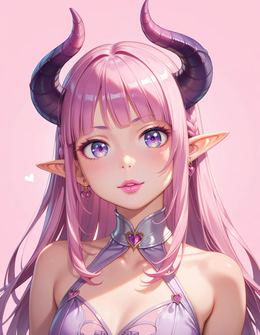 score_9, score_8_up, score_7_up, A beautifully detailed woman, succubus female, long pink hair, elf ears, large eyes, purple iris, long eyelashes, detailed facial features, pink lipstick, demon horns, (Kawaii background:1.5)