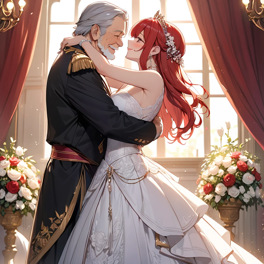 The woman who is the queen of the Kingdom physically and mentally has beautiful red hair, wears a royal bridal costume, pledges absolute loyalty and love to the old man of the great king, hugs each other, kisses her vow, and has a wedding and loves each other、((Best Quality)), ((masterpiece)), ( Details), （ perfect face）,The woman is a red-haired celica with outstanding proportions and is finished as a woman wearing a kingdom bridal gown in a royal mansion 、The woman is smiling gently