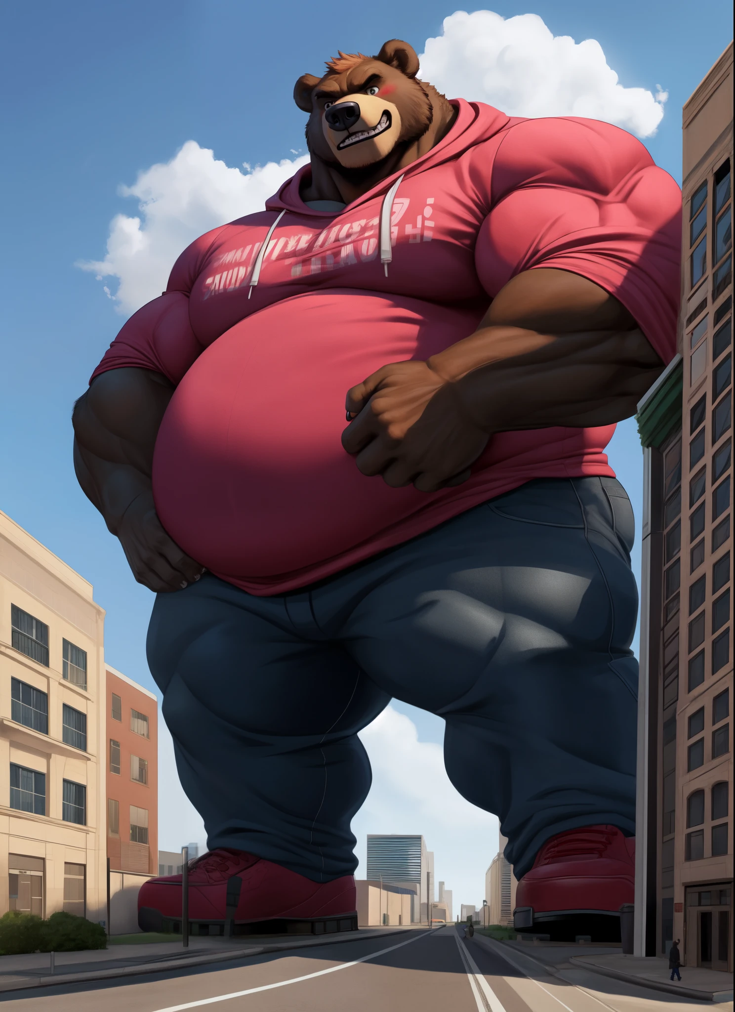 ((best quality)), ((masterpiece)), (detailed), perfect face, Macro Furry, Bara Furry, Macrophilia, Anthropomorphic Gorilla, Daddy, Dilf, 30., 18'3 tall, Massive pecs, broad shoulders, musclegut, gold nipple rings, septum piercing, large nose ring, tattoos, wearing skimpy tank top, black tank top, tank top covers full torso, tank top showing pecs, nipple slip, wearing black leather shorts, Mohawk hairstyle, indigo hair, Liberty Spikes, black leather spiked collar, barefoot, foot focus, foot fetish, looking at viewer, looking down at viewer, perspective shot, leg raised up, about to stomp viewer, sole focus, foot above viewer, barefoot, viewers POV, looming over viewer, walking around city, location based on Annapolis, Maryland, perfect shading, soft shading, soft colors, vivid colors, pastel colors