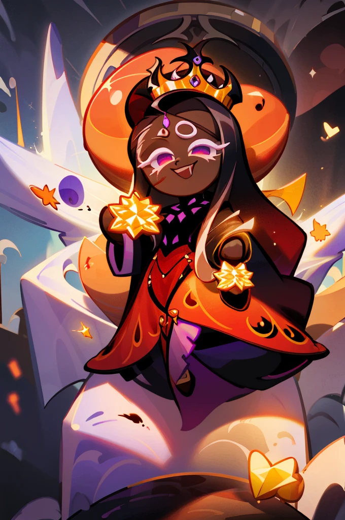 Cookie run character based off morticia Adams, vampire fangs, dark brown skin, long black straight hair, long sleeve purple royal gown, cookie run, wearing a crown, queen, dark Cacao cookie run, sexy, beautiful, long eyelashes, red eyes