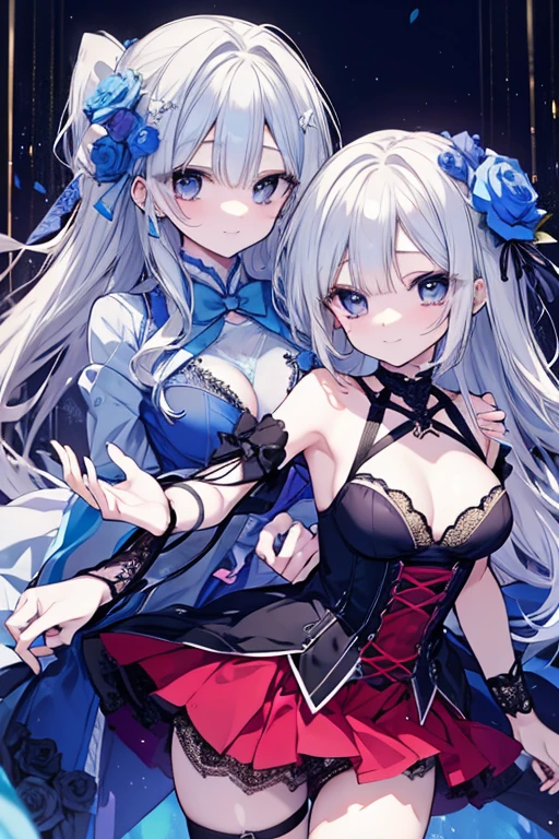 (masterpiece, best quality), best resolution, (2heads:1.5), jingliu character, 1girl, white blue hair, red eyes, open mouth, inside a majestic room