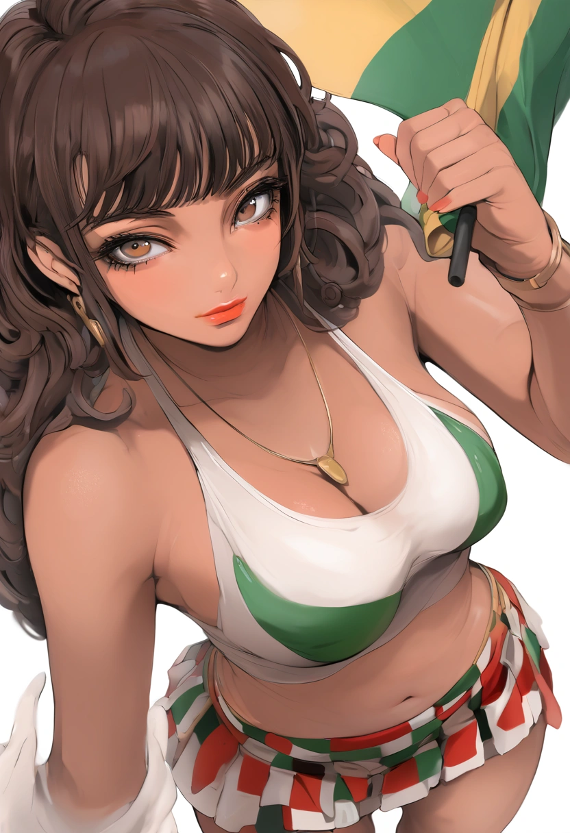 Mamimi style, digital painting Brazilian nationalist miniskirt, standing up, Latina, brown skin, straight curly brown hair, brown eyes, Brazilian flag skirt, and crop top, exposed navel, holding a flag, MILF, holding a flag with one hand, thong strap showing