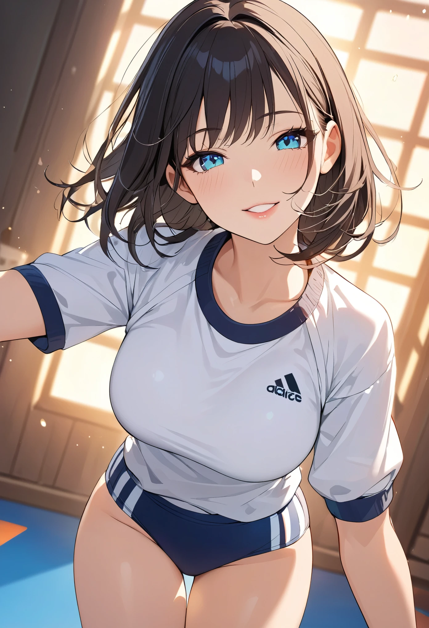 Young woman in gym clothes 、buruma:1.2、(( Beautiful eyes with every detail 、 Beautiful Lips with Every Detail 、 Extremely detailed face and body、 delicate facial features 、Cute Smile:1.1))、Graceful pose、 dynamic actions、Perfect Symmetry 、 vibrant colors、Warm lighting、 Dutch angle、8k、 very fine 、CG illustration:1.2、 sharp focus、 professional quality、Elegant Aesthetics 