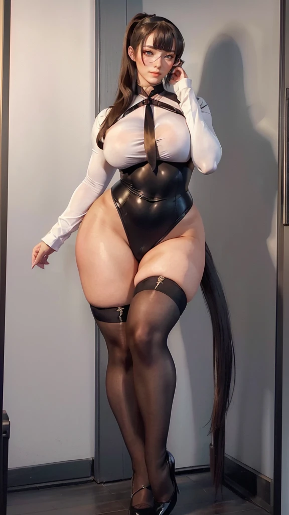 Make me a white skinned girl, Brown eyes, black fur, long and smooth, The clothes are a white top and a short black skirt., black heels, very big nipples and her big ass, Her nipples are very big and at any moment they slip out of her top and her skirt is so short that her ass sticks out.