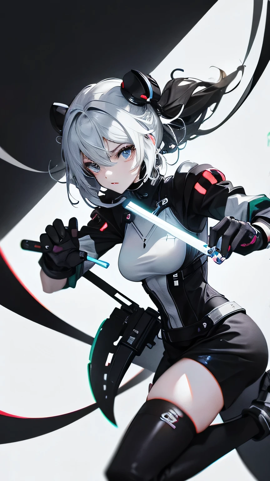 young girl, short gray hair, high ponytail, gray eyes, Blue Battle Shirt, Upskirt, robot behind, arma, Masterpiece, hiquality, 4k, HD, Good detail