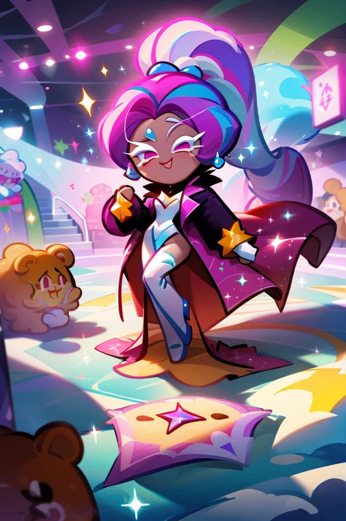 Cookie run character based off Jessica rabbit, white skin, long hair, gown, cookie run, surrounded by flashing cameras, on a red carpet, glitter, hair in a high ponytail, sexy, velvet trolls 3, cookie run, super colorful, pastel 