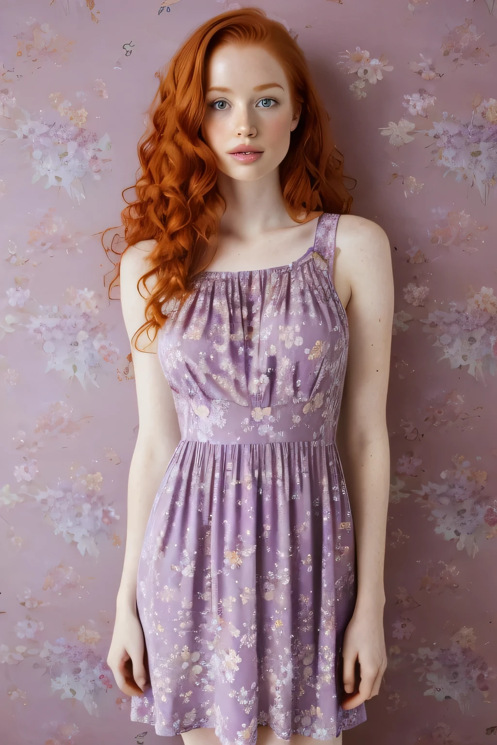 1girl in, 21, Madelaine Petsch, photo of perfect woman, 5'3", Solo, Aesthetic artwork, (irish redhead, wavy ginger hair, shoulder length ginger hair:1.25), (some small freckles, pale skin, small breasts, B-cup, hard nipples, runners body, very thin waist, skinny, petite, detailed skin texture), (blank background, plain background, blank wall, (wearing an purple colored sundress. A purple dress, floral pattern forn fitted top), (extremely detailed 8k wallpaper), soft lighting, high quality, film grain, Fujifilm XT3 sharp focus, f 5.6, 50mm, High Detail, Sharp focus,(natural light), crazy details, complex details, hyper detailed