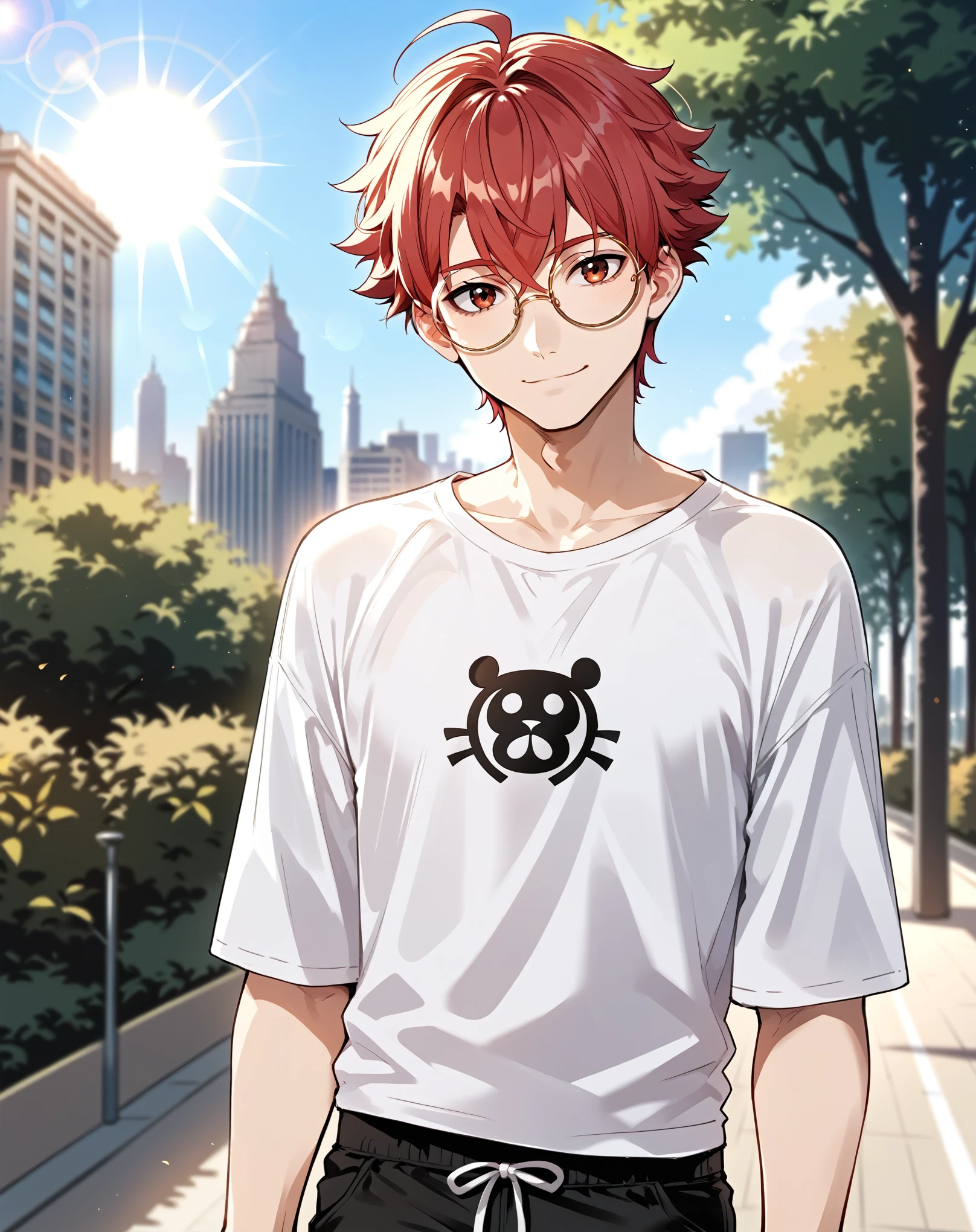 score_9, score_8_up, score_7_up, source_anime {{upper body, source_anime, outdoors, city, park, looking at viewer, solo, dutch angle, lens flare, sun, under tree, light rays}} male, mikoshiba mikoto, crimson hair, crossed bangs, baggy pants, oversized shirt, round eyewear, head tilt, light smile.
