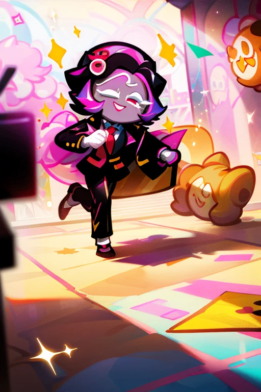 Cookie run character based off veneer, white skin, short hair, suit, cookie run, surrounded by flashing cameras, on a red carpet, glitter, hair swooped to left eye, sexy, veneer trolls 3, cookie run, super colorful, pastel, 